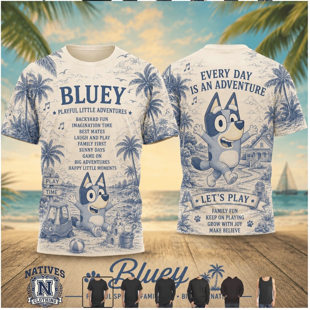 Bluey Playful Little Adventures Tropical Beach T Shirt Bluey Playful Little Adventures Tropical Beach T Shirt