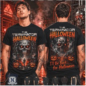 Terminator Skull Robot Ill Be Back Spooky Halloween Graphic T Shirt