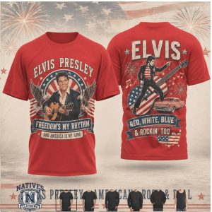 Elvis Presley Red White Blue And Rockin Too Americana Red T Shirt