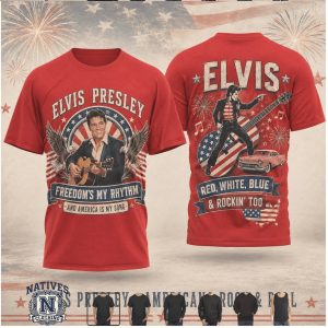Elvis Presley Red White Blue And Rockin Too Americana Red T Shirt