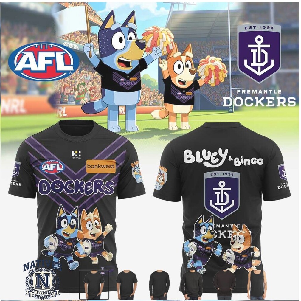 Fremantle Dockers Bluey And Bingo AFL Mascot Graphic Fan T Shirt Fremantle Dockers Bluey And Bingo AFL Mascot Graphic Fan T Shirt