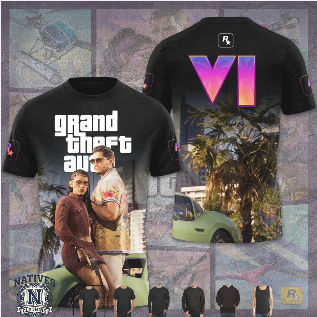 GTA VI Vice City Retro Sunset Couple Classic Graphic T Shirt GTA VI Vice City Retro Sunset Couple Classic Graphic T Shirt