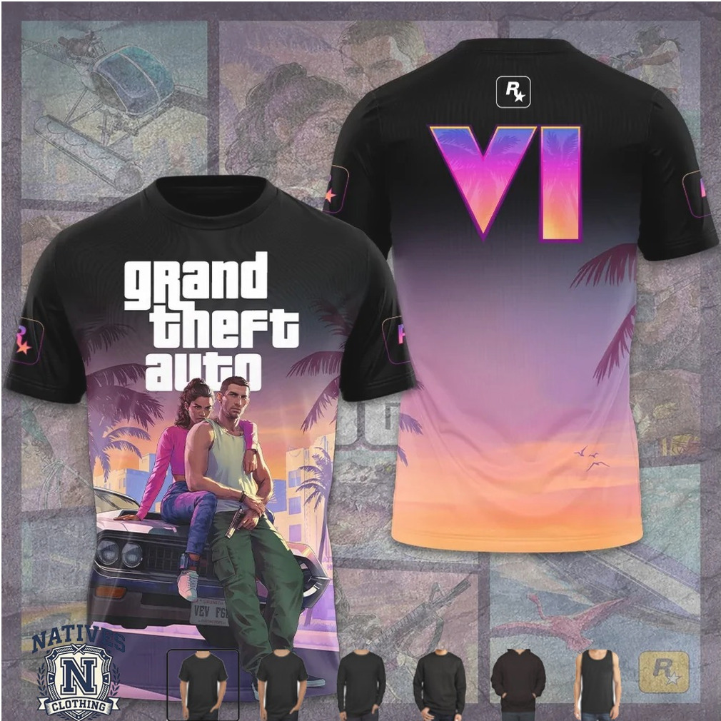 Grand Theft Auto VI Sunset Car Duo Action Retro Style Graphic T Shirt Grand Theft Auto VI Sunset Car Duo Action Retro Style Graphic T Shirt