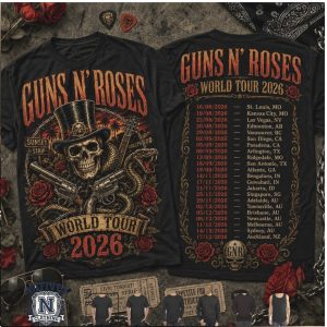 Guns N Roses World Tour 2026 Skull Revolver Graphic T Shirt