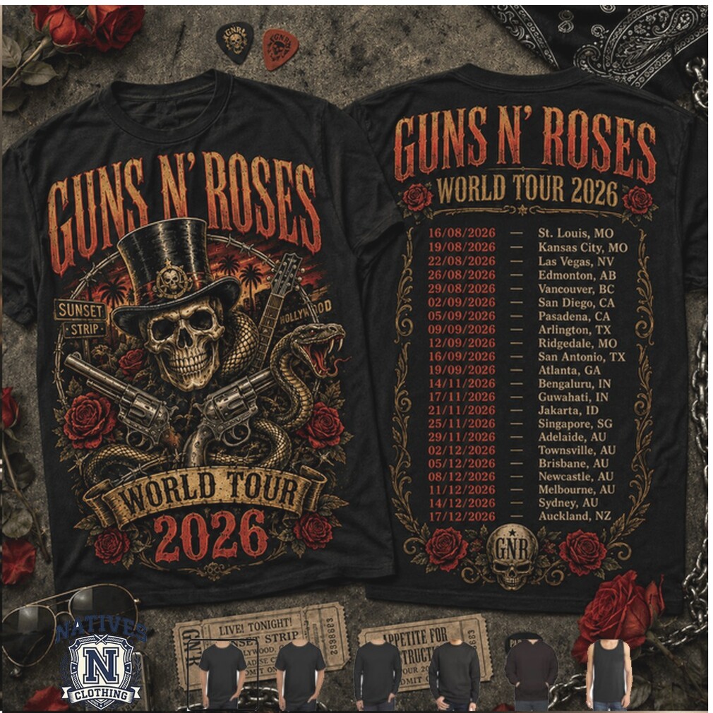 Guns N Roses World Tour 2026 Skull Revolver Graphic T Shirt Guns N Roses World Tour 2026 Skull Revolver Graphic T Shirt