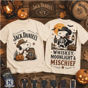 Jack Daniels Cowboy Snoopy Skeleton Whiskey Moonlight Mischief T Shirt