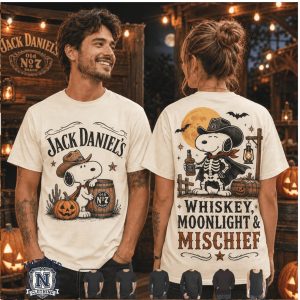 Jack Daniels Cowboy Snoopy Skeleton Whiskey Moonlight Mischief T Shirt