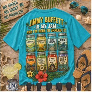 Jimmy Buffett Tropical Parrot Margarita Jars Jam Beach Vacation T Shirt