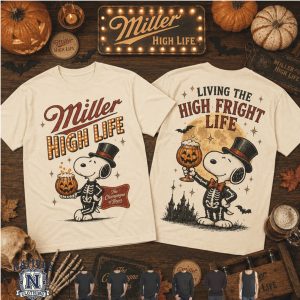 Miller High Life Snoopy Skeleton Top Hat Living High Fright Life T Shirt