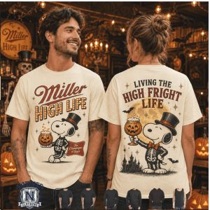 Miller High Life Snoopy Skeleton Top Hat Living High Fright Life T Shirt