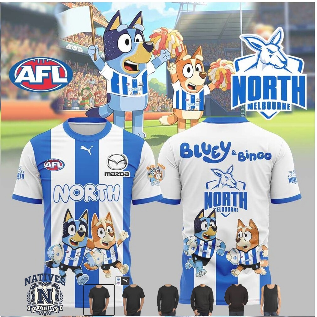 North Melbourne Football Bluey Bingo Kangaroo Mascot T Shirt North Melbourne Football Bluey Bingo Kangaroo Mascot T Shirt