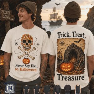 Skull Pumpkin Treasure Map Halloween Never Say Die Graphic T Shirt