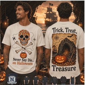 Skull Pumpkin Treasure Map Halloween Never Say Die Graphic T Shirt